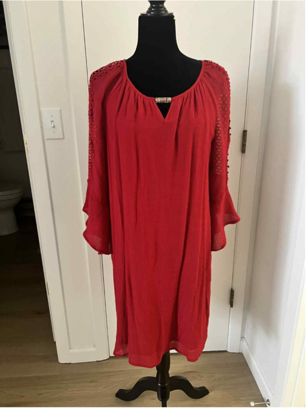 Indigo Rose Womens XL Red Boho Peasant Dress Crochet Lace Sleeve Ruffle Cuff